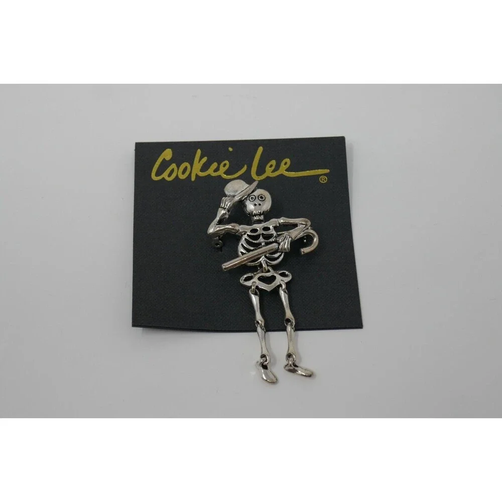 Cookie Lee Halloween Punk Goth Articulated Dangling Silver Skeleton Brooch NWT